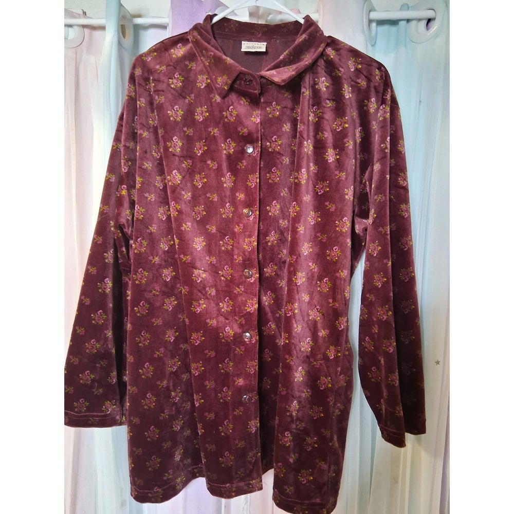 Partners Womens Burgundy Floral Velvet Button Up Shirt Long Sleeve Si Large 1020
